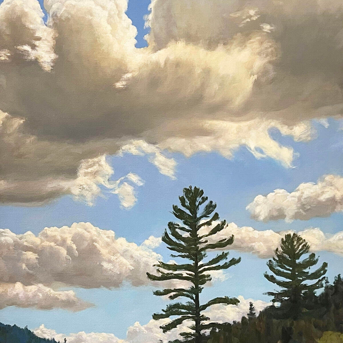 Fluffy clouds above a forested hillside.